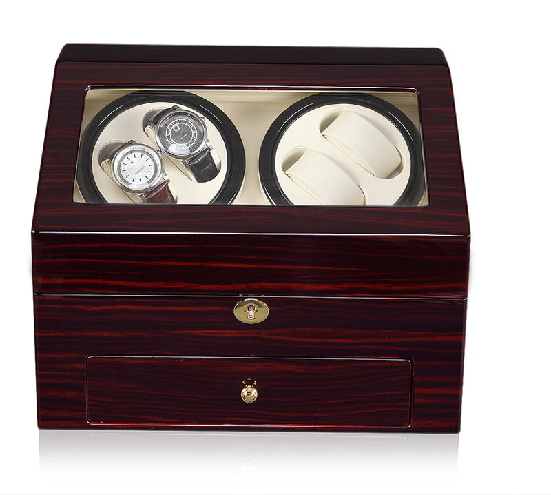 4 watch winder with ebony high-gloss finish, beige interior and tempered glass window