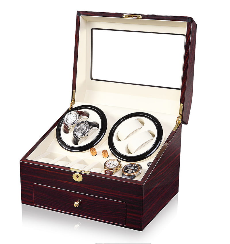 Open 4 watch winder with ebony exterior, beige interior and watch storage positions