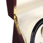 Ebony watch winder with gold-tone lid hinge and beige PU leather-wrapped interior