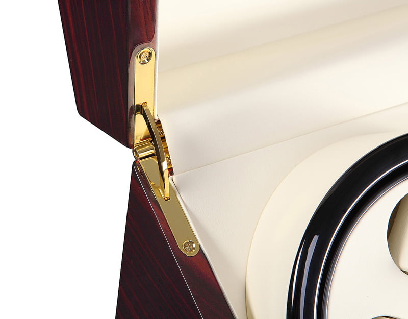 Ebony watch winder with gold-tone lid hinge and beige PU leather-wrapped interior