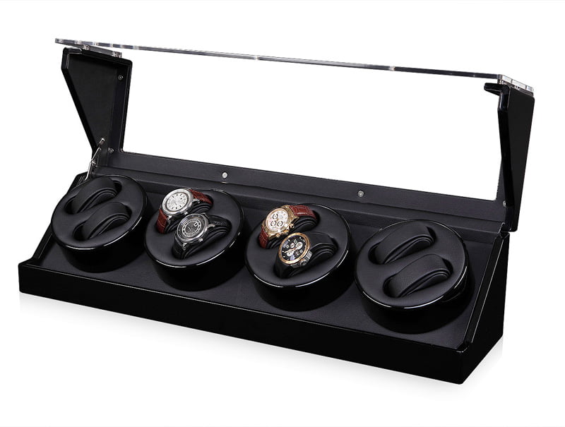 8-watch winder with open acrylic lid, black interior and four dual-watch winding modules
