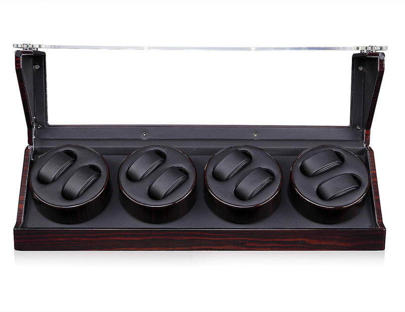 8-watch winder open front view with four dual-watch winding modules and black cushions