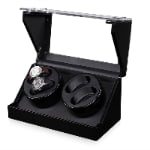 Black 4-watch winder with open acrylic lid and two circular winding modules