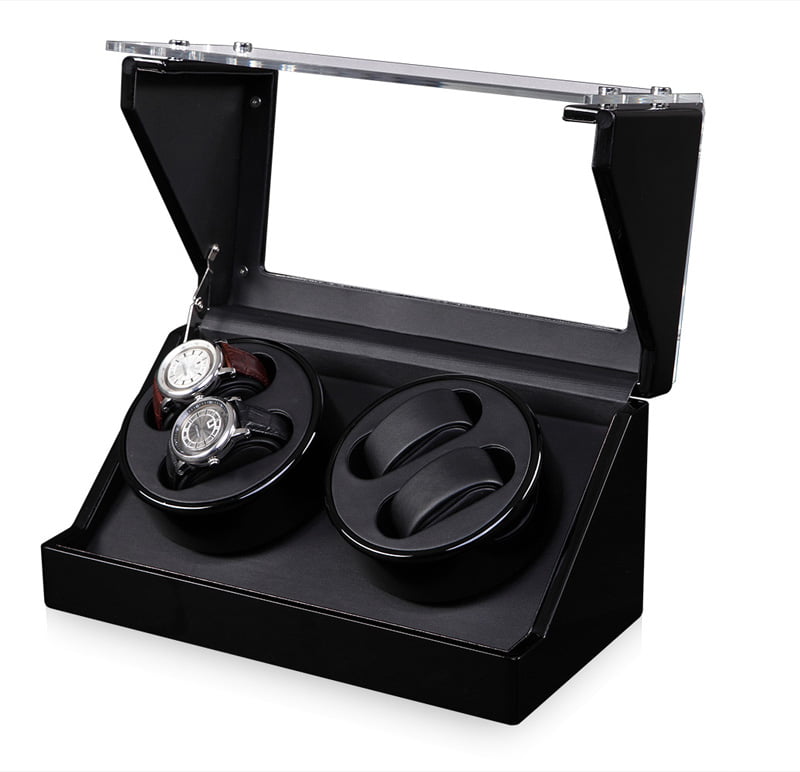 Black 4-watch winder with open acrylic lid and two circular winding modules