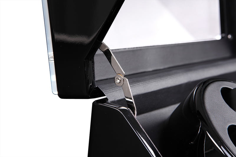 Black 4-watch winder close-up showing metal lid support and acrylic display lid