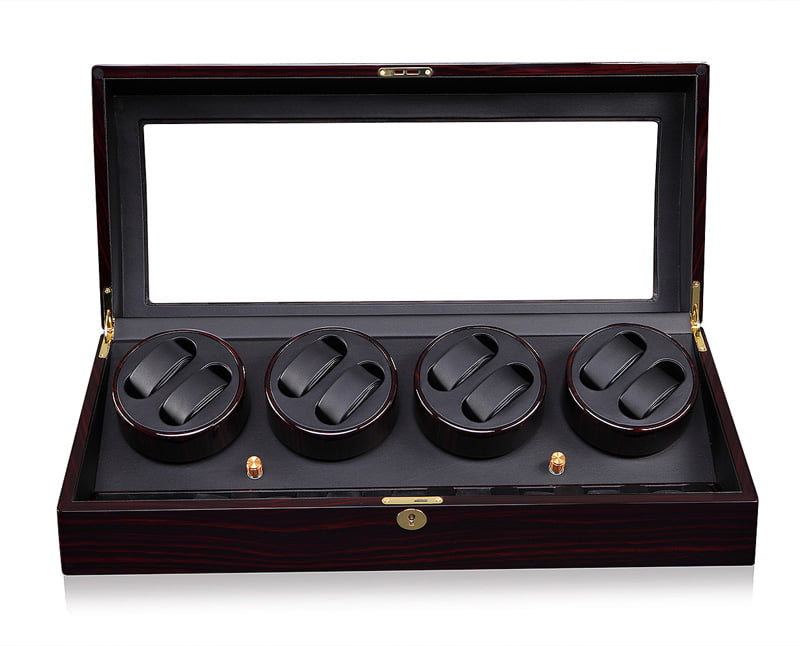 Open 4 watch winder with four winding modules, black interior and ebony high-gloss exterior