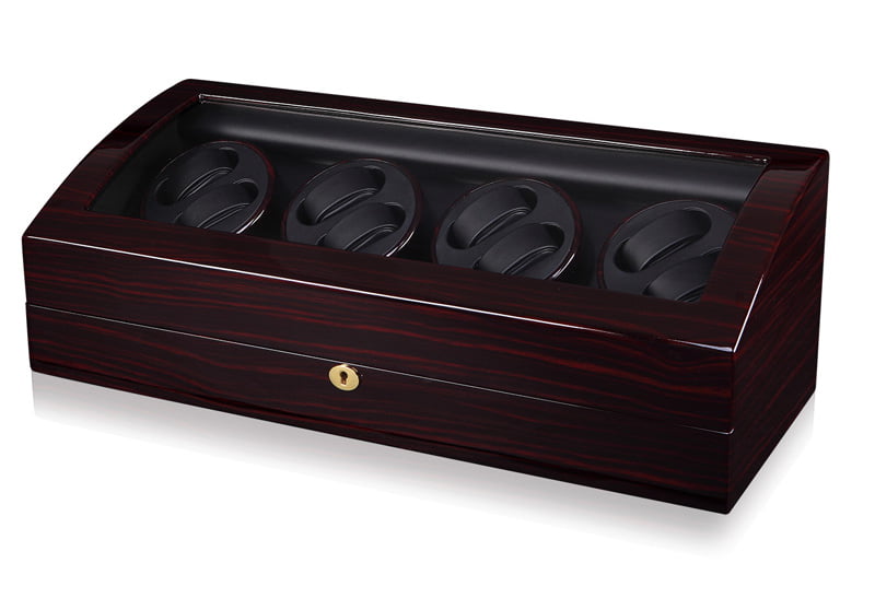 Closed 4 watch winder with ebony high-gloss finish and tempered glass display window