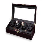 Open ebony 4 watch winder displaying watches in winding modules and additional storage positions