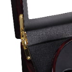 Ebony watch winder with gold-tone lid hinge and black PU leather-wrapped interior