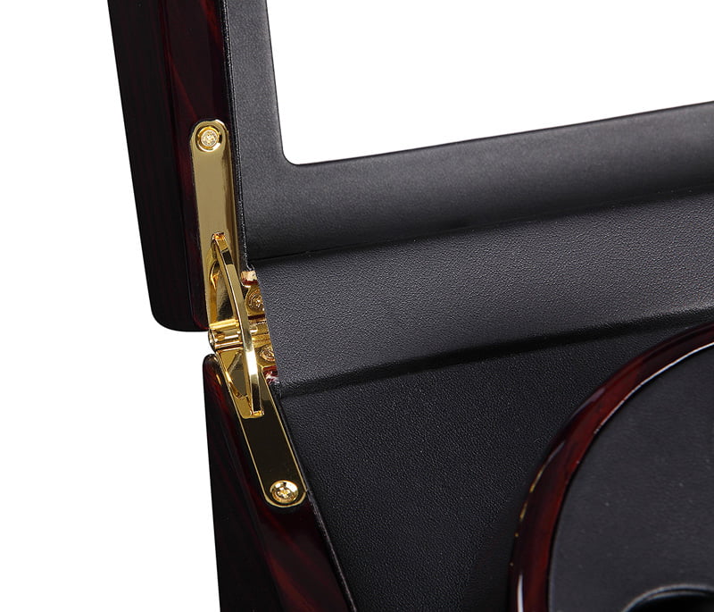 Ebony watch winder with gold-tone lid hinge and black PU leather-wrapped interior