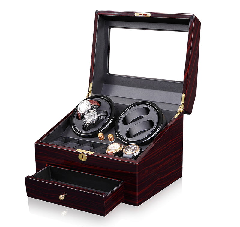 Ebony 4 watch winder open with black interior, watch storage and drawer