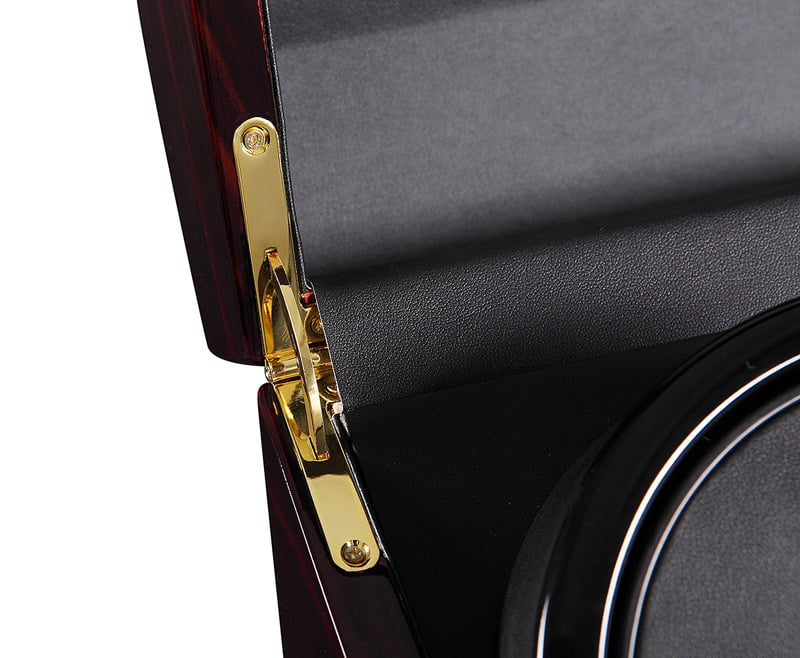 Ebony high-gloss watch winder with gold-tone lid hinge and black interior