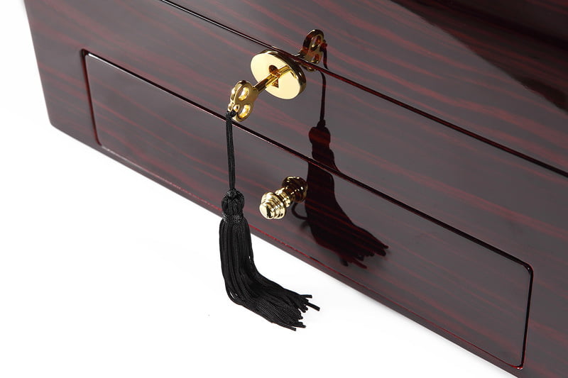 Ebony high-gloss watch winder drawer with gold-tone hardware and key lock detail