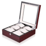 6 watch display case with wood-grain finish, tempered glass lid and velvet interior