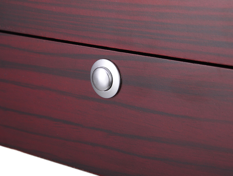 Watch display case wood-grain exterior with round hardware lock detail