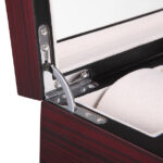 Watch display case with metal lid support and velvet-wrapped interior
