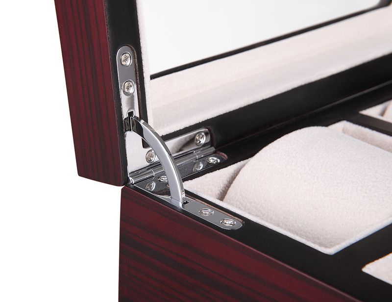 Watch display case with metal lid support and velvet-wrapped interior