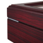 Watch case with matte wood-grain exterior and rear hinge detail
