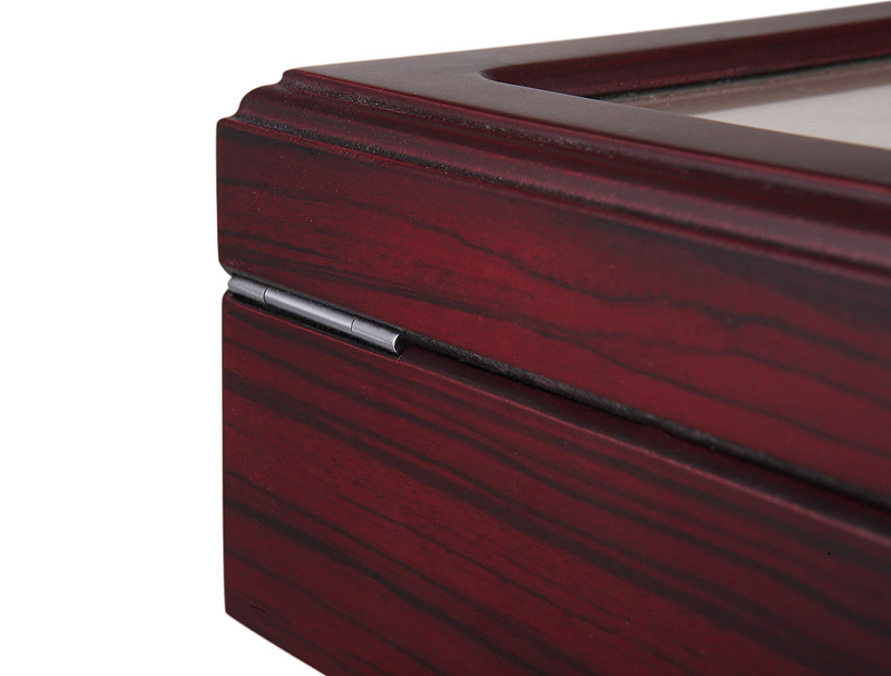 Watch case with matte wood-grain exterior and rear hinge detail