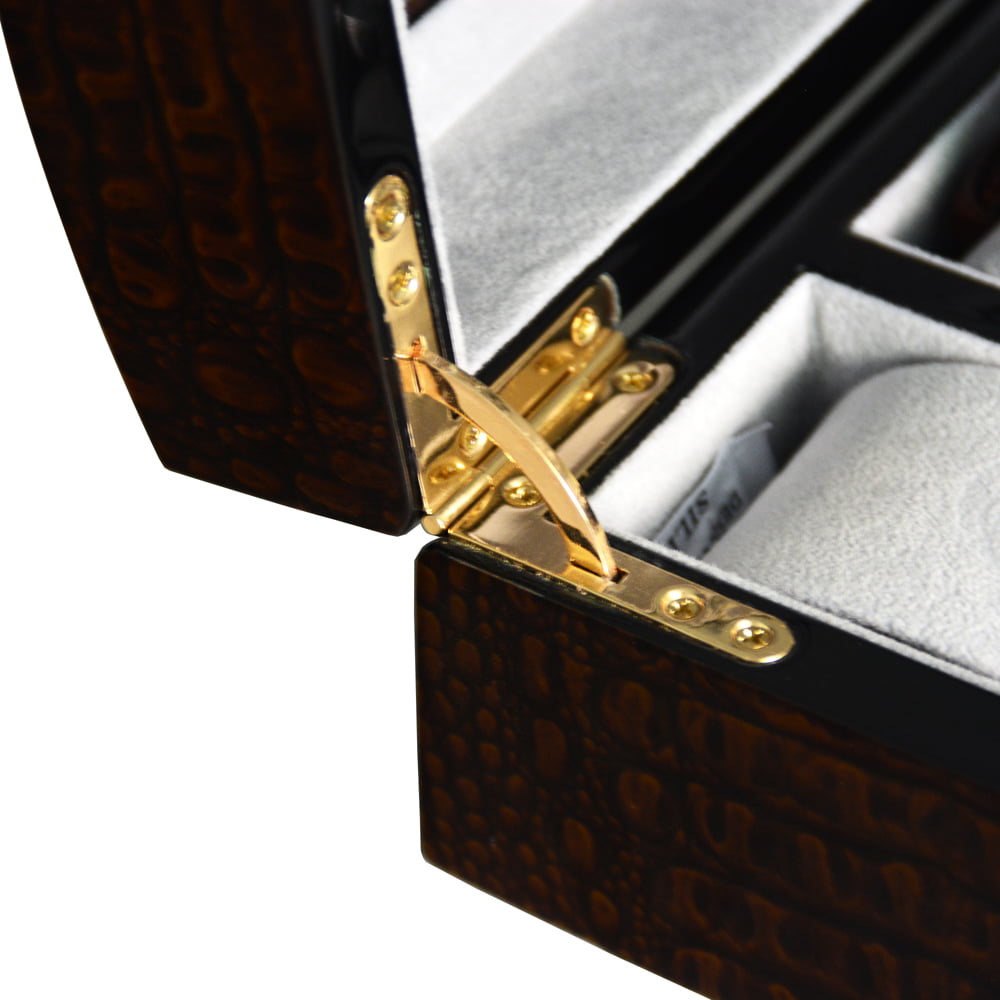 High Glossy Crocodile Grain Brown 4 Watch Case with Tempered Glass Display