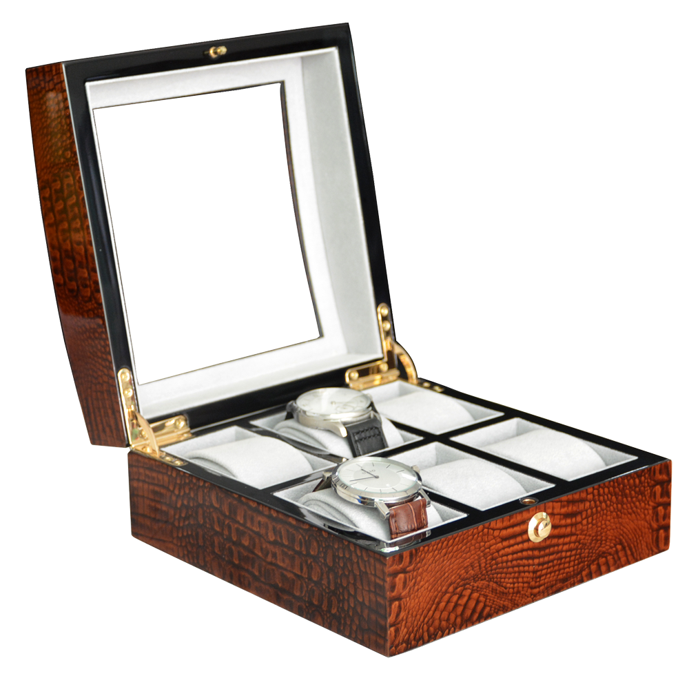 High Glossy Crocodile Grain Brown 6 Watch Case with Tempered Glass Display