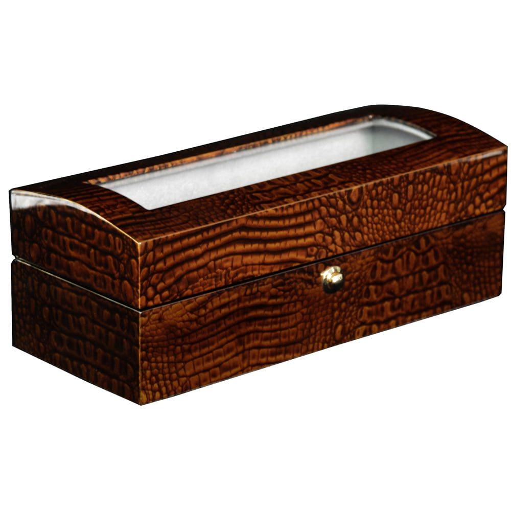 High Glossy Crocodile Grain Brown 4 Watch Case with Tempered Glass Display