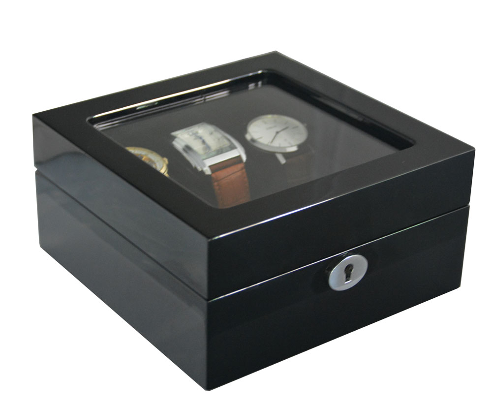 High Glossy Black 6 Watch Case with Tempered Glass Display