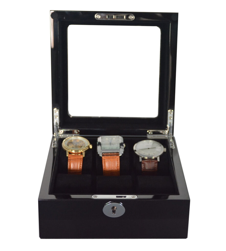High Glossy Black 6 Watch Case with Tempered Glass Display