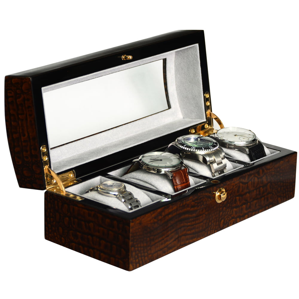 High Glossy Crocodile Grain Brown 4 Watch Case with Tempered Glass Display