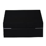black wood veneer watch case back view with hardware hinges