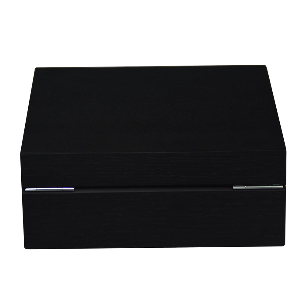 black wood veneer watch case back view with hardware hinges