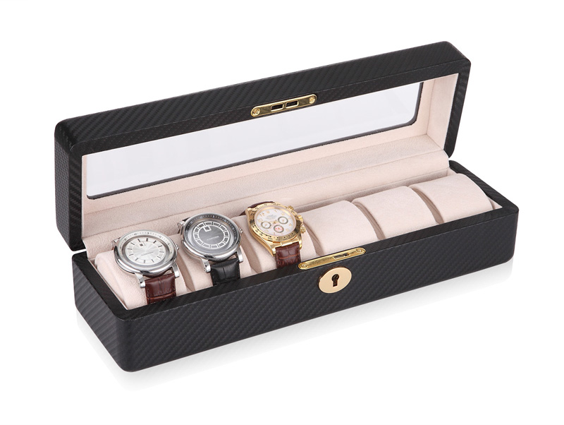 Carbon Fiber 6 Watch Case with Velvet Interior and Acrylic Display Window