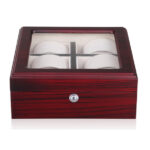 Closed 6 watch display case with wood-grain finish and tempered glass window