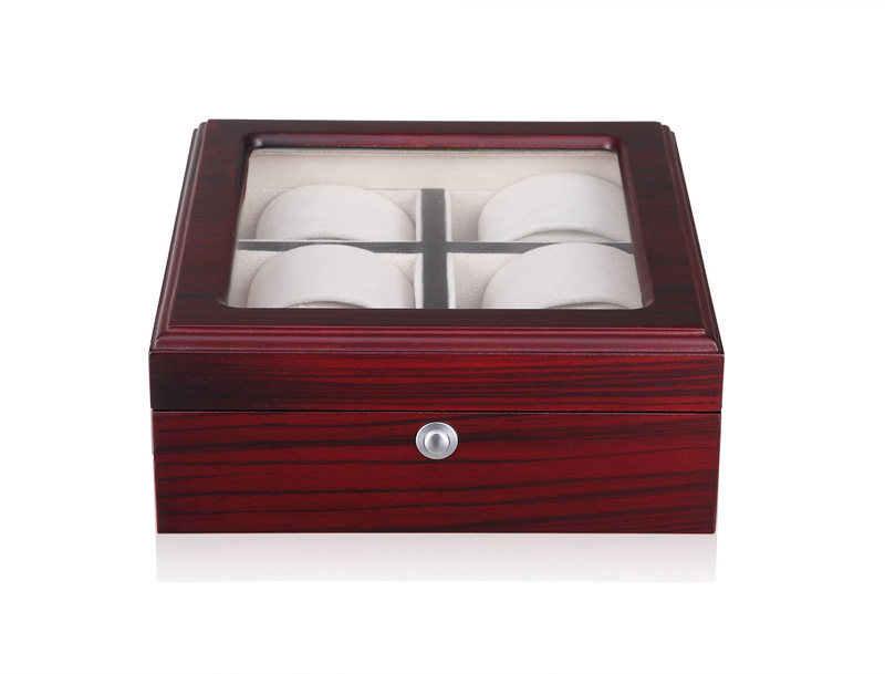 Closed 6 watch display case with wood-grain finish and tempered glass window