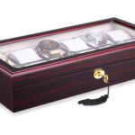 Closed 12 watch display case with cherry red exterior, tempered glass window and hardware lock