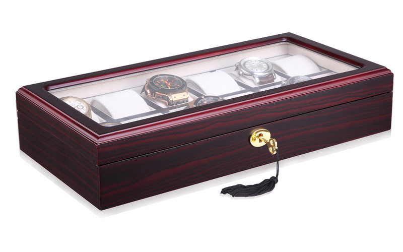 Closed 12 watch display case with cherry red exterior, tempered glass window and hardware lock
