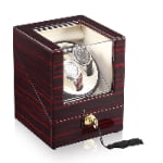 2-watch winder with ebony wood-grain exterior, beige interior, acrylic window and lock key