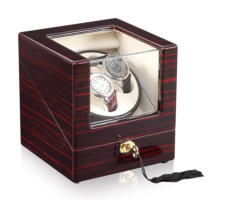 2-watch winder with ebony wood-grain exterior, beige interior, acrylic window and lock key