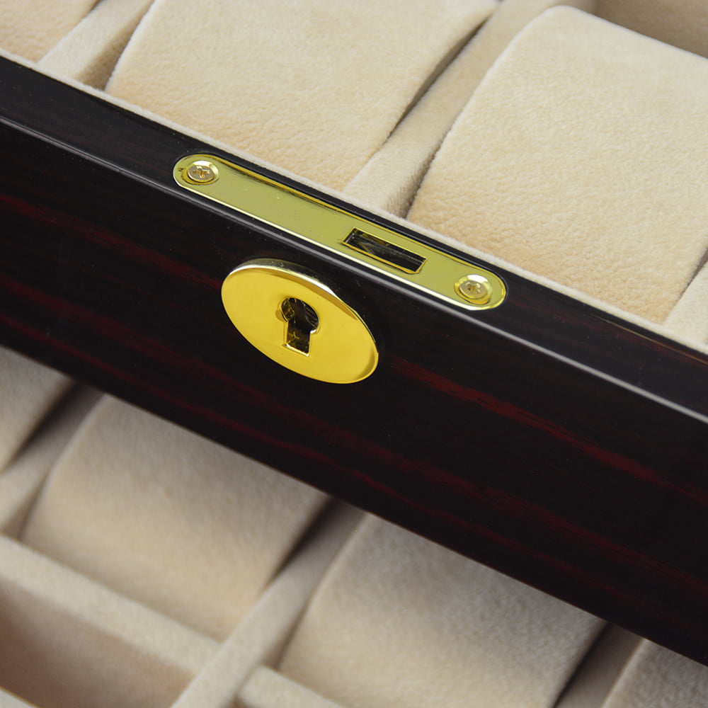 20 slot ebony watch storage case with velvet pillows interior and glass display window