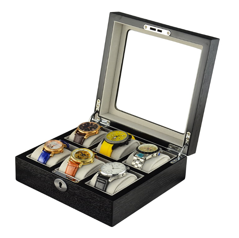 Wood-Veneered MDF 6 Slots Watch Case with Glass Display Window