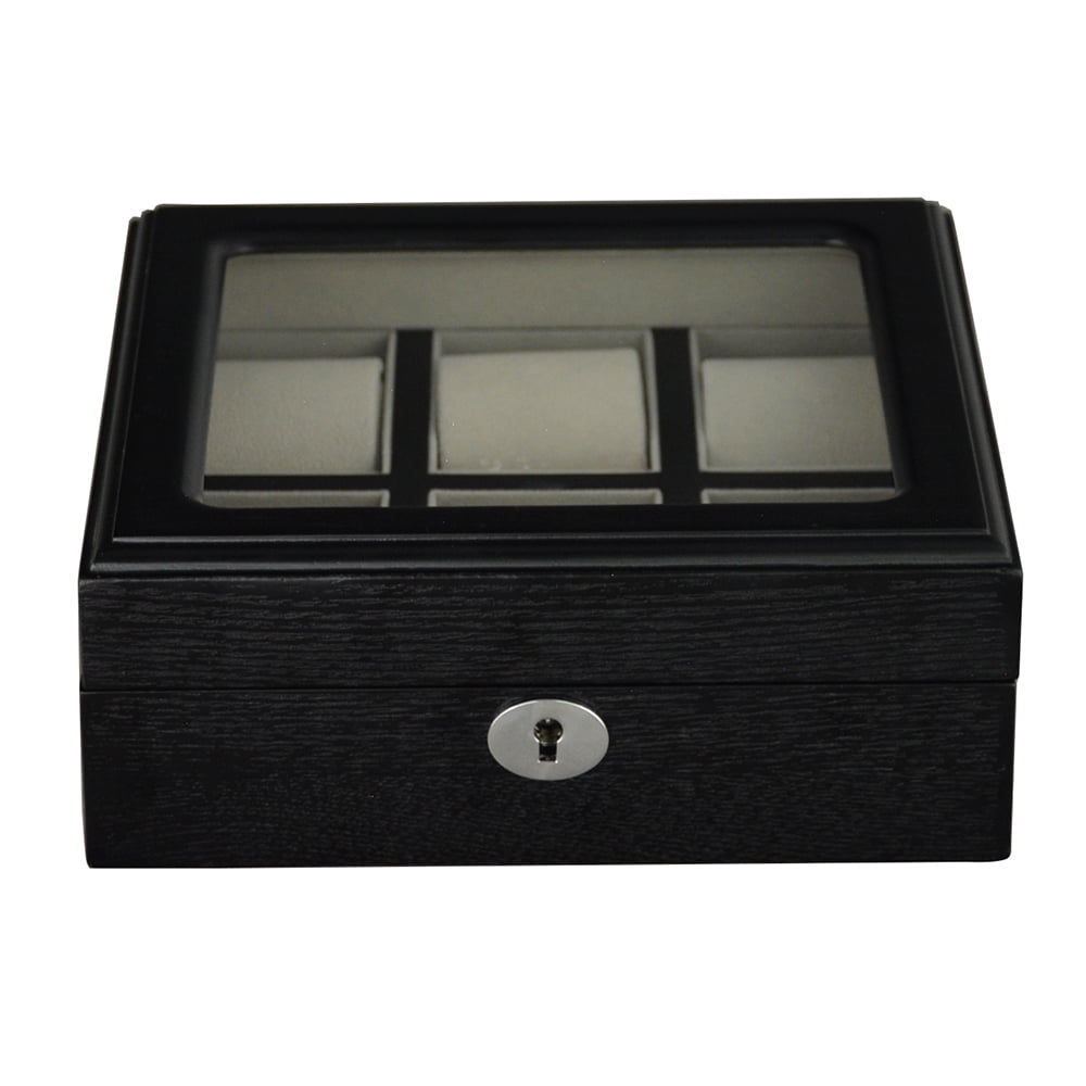 6 slot wood watch display case with grey velvet interior