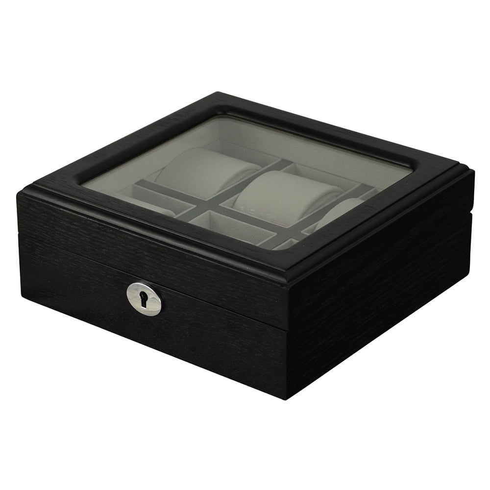 wood watch box with velvet wrapped interior and display window