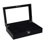 watch case with clear display window and black velvet interior
