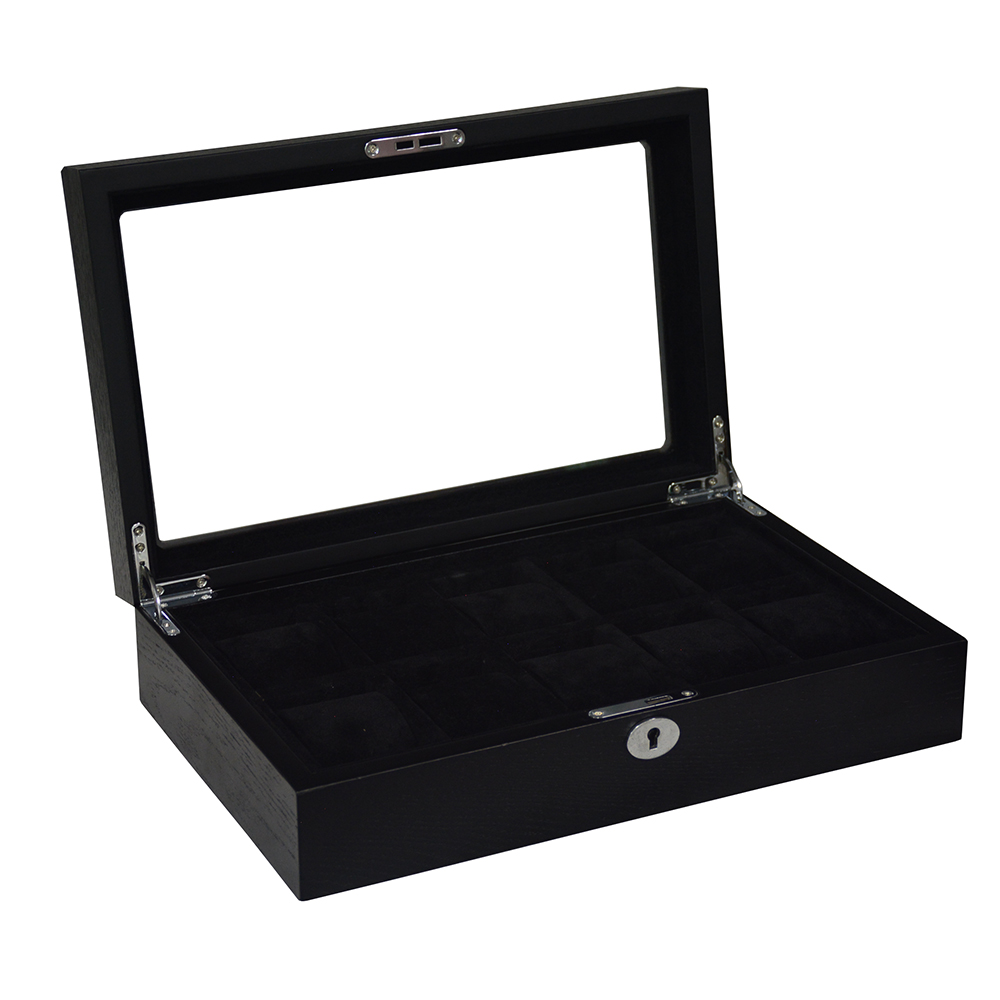 watch case with clear display window and black velvet interior