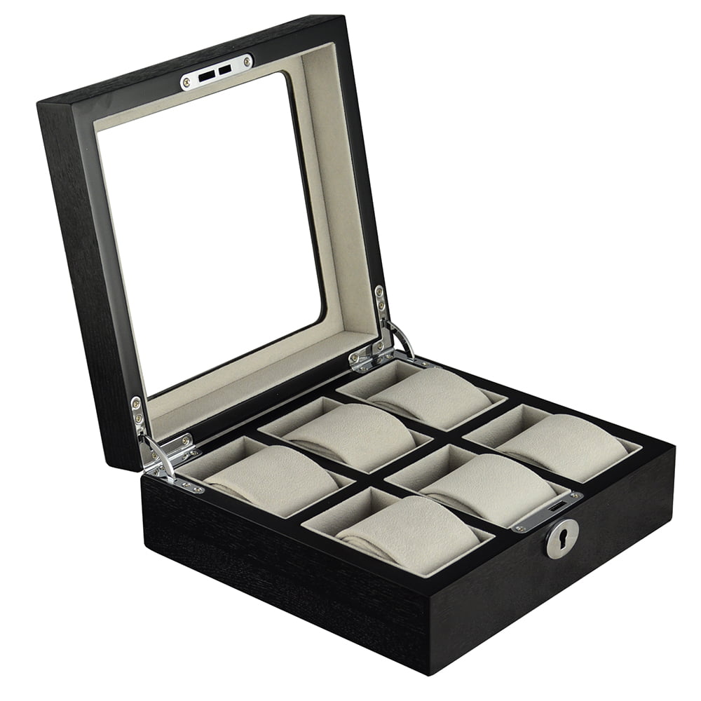 wood watch case with velvet storage compartments and lock detail