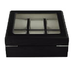 watch case with tempered glass window and black wood exterior