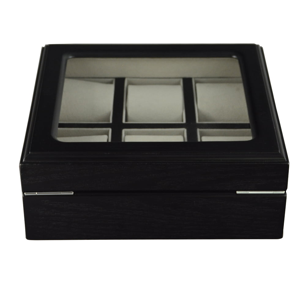 watch case with tempered glass window and black wood exterior