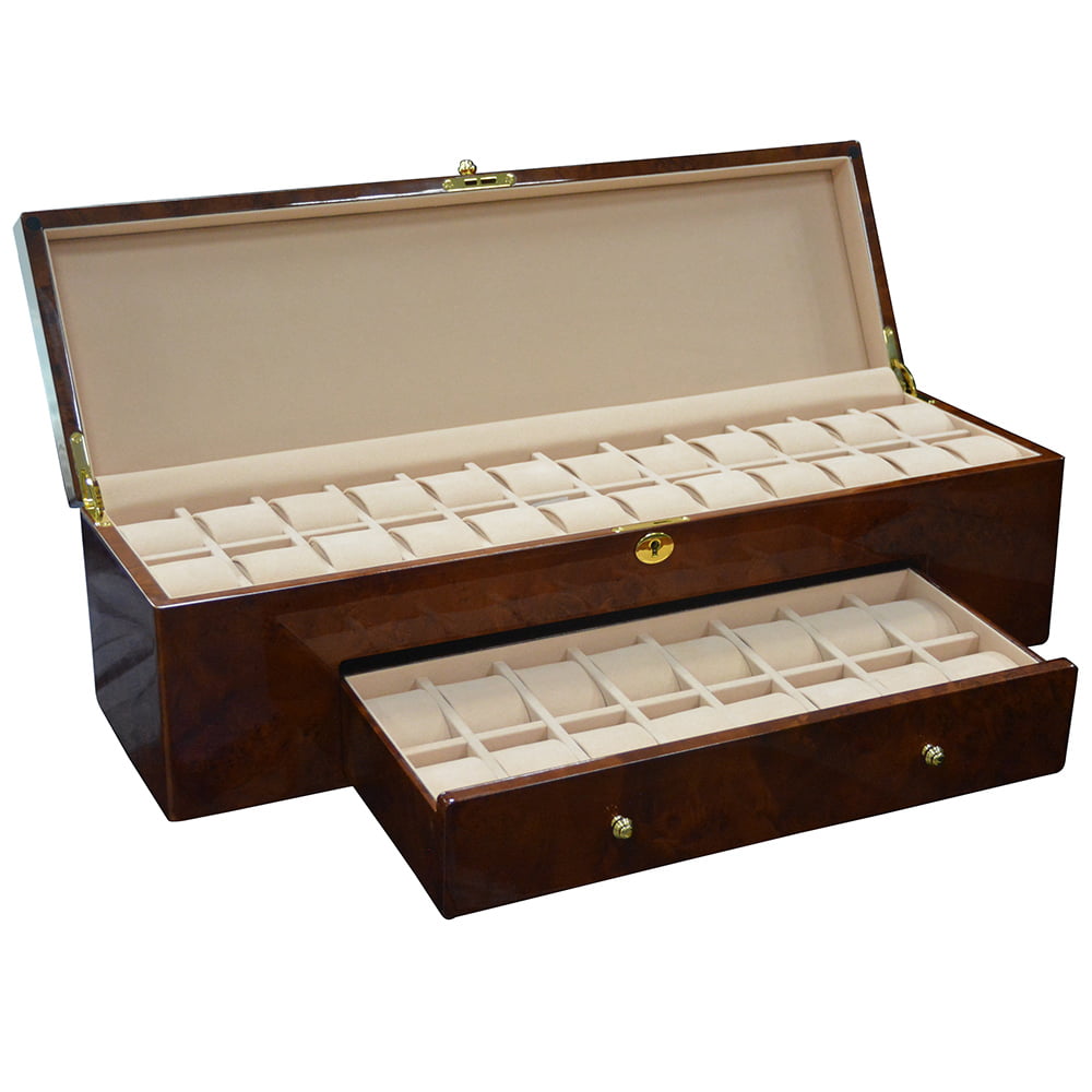 40 watch storage case with open lid and velvet watch compartments