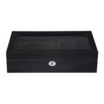 black 12 watch storage case with glass top and velvet interior