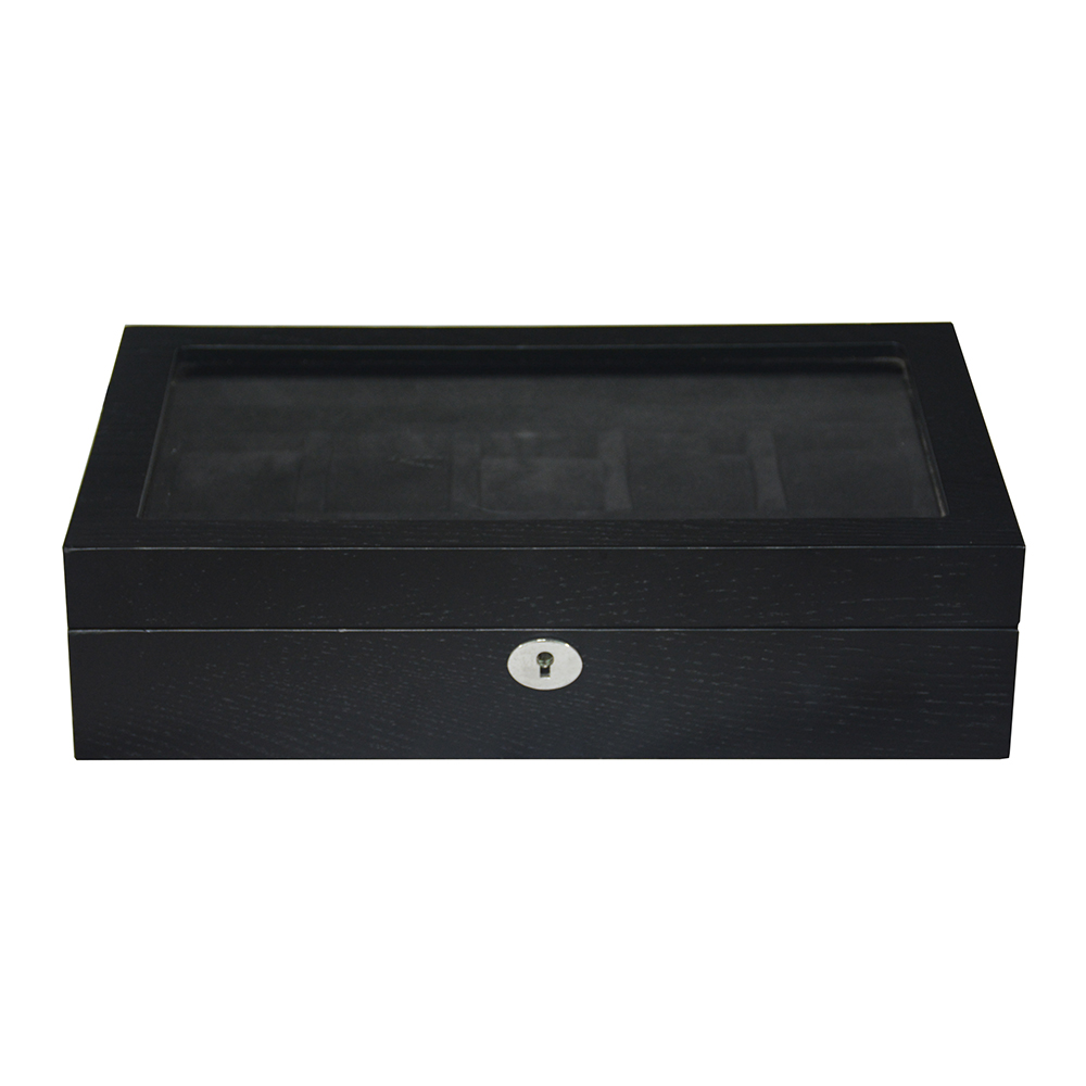 black 12 watch storage case with glass top and velvet interior